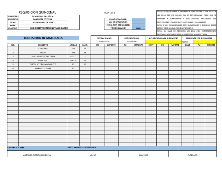 Ejemplo de Requisición de Materiales | PDF