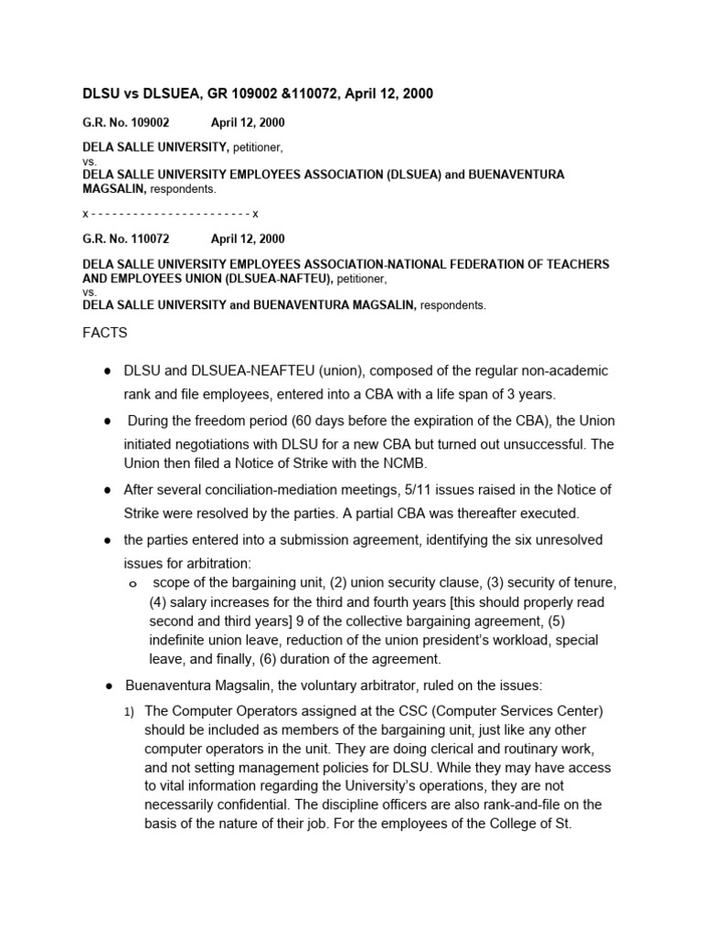 DLSU vs DLSUEA Arbitration Case Summary | PDF | Collective Bargaining ...