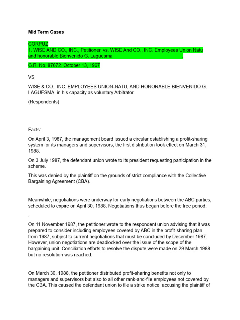 Mid Term Cases REVIEWER PDF Employment Collective Agreement