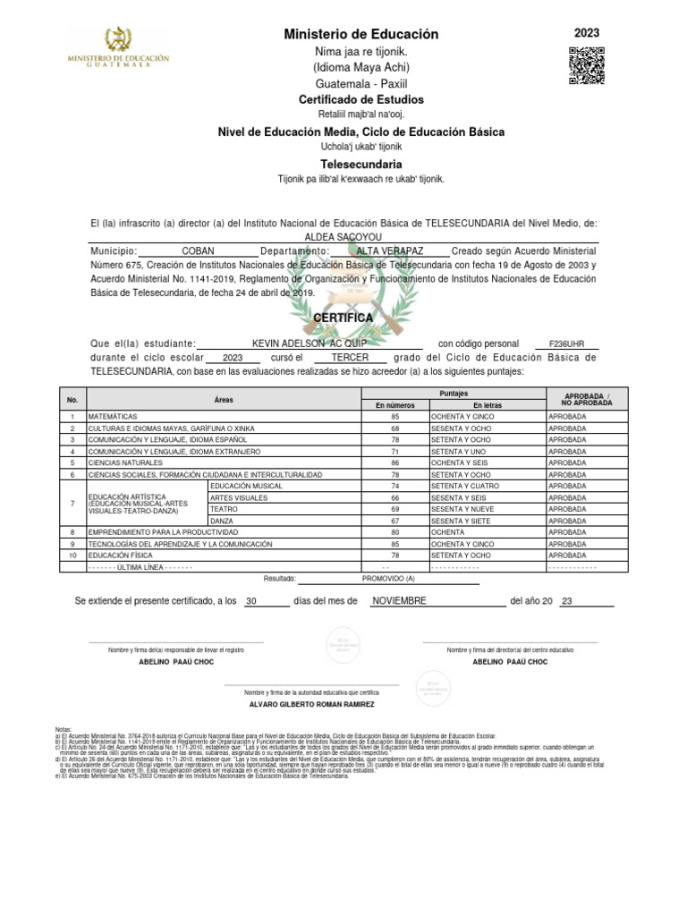 CERTIFICADO Tercero 2023 | PDF | Plan de estudios | Educación Secundaria