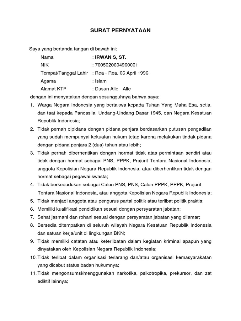 Surat pernyataan pppk tenaga teknis pdf
