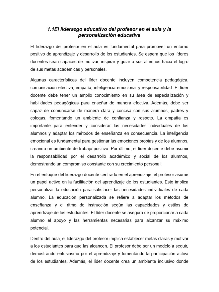1.1 El Liderazgo Educativo Del Profesor en El Aula y La Personalización ...