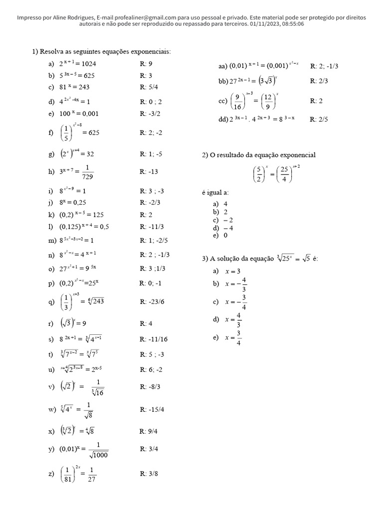 Lista de Exercícios de Fixação - Equações Exponenciais _ Passei Direto ...