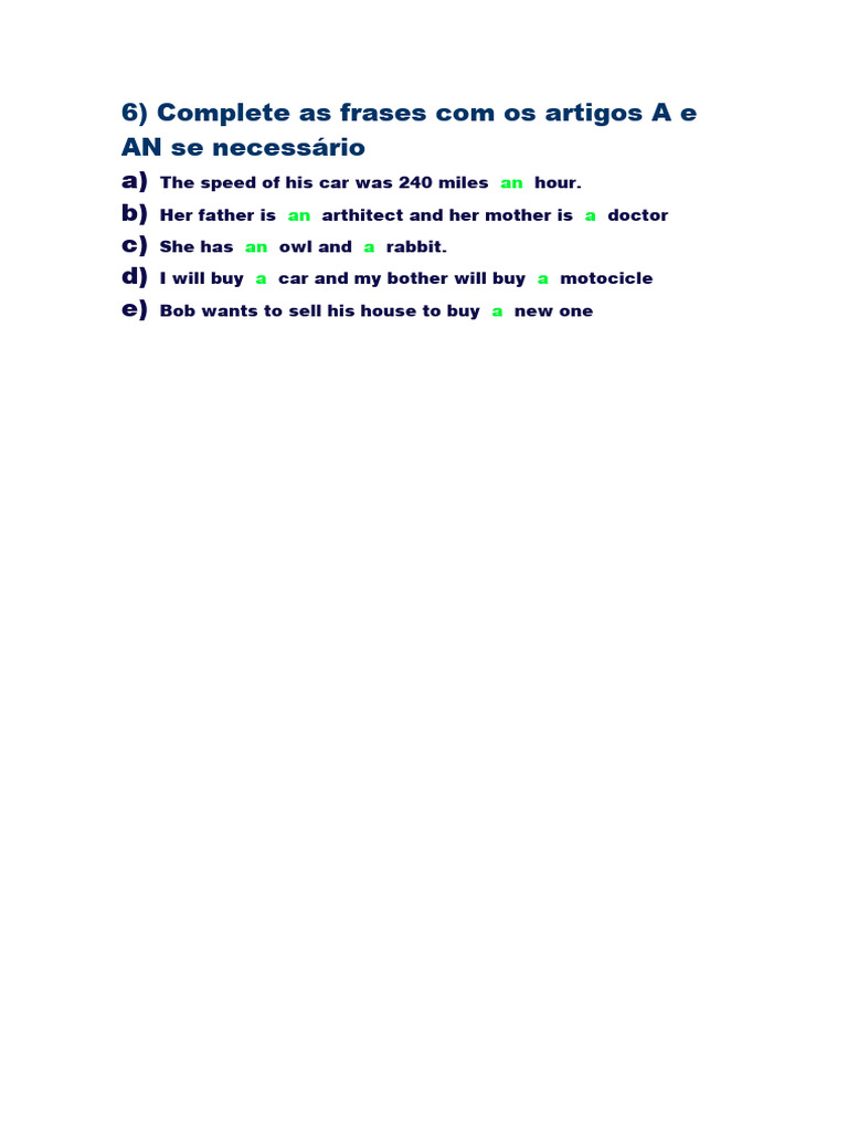 A) B) C) D) E) : 6) Complete As Frases Com Os Artigos A e AN Se ...