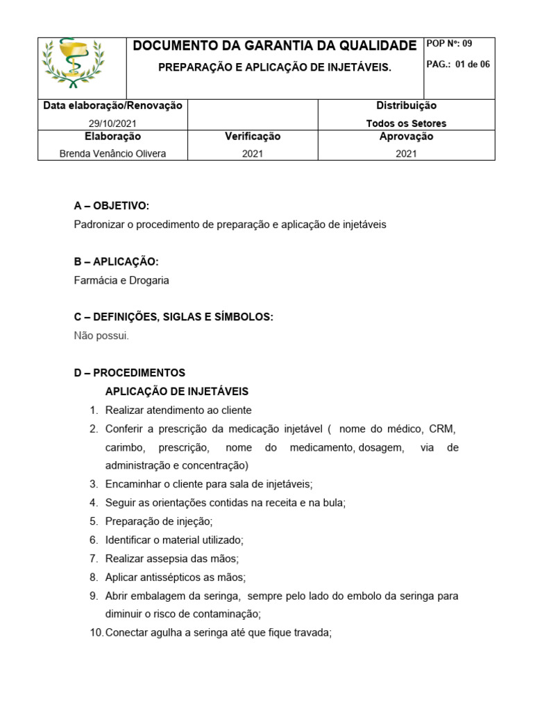 Procedimento de Aplicação de Injetáveis | PDF | Ciências e Matemática