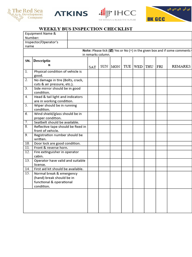 Bus Inspection Checklist PDF