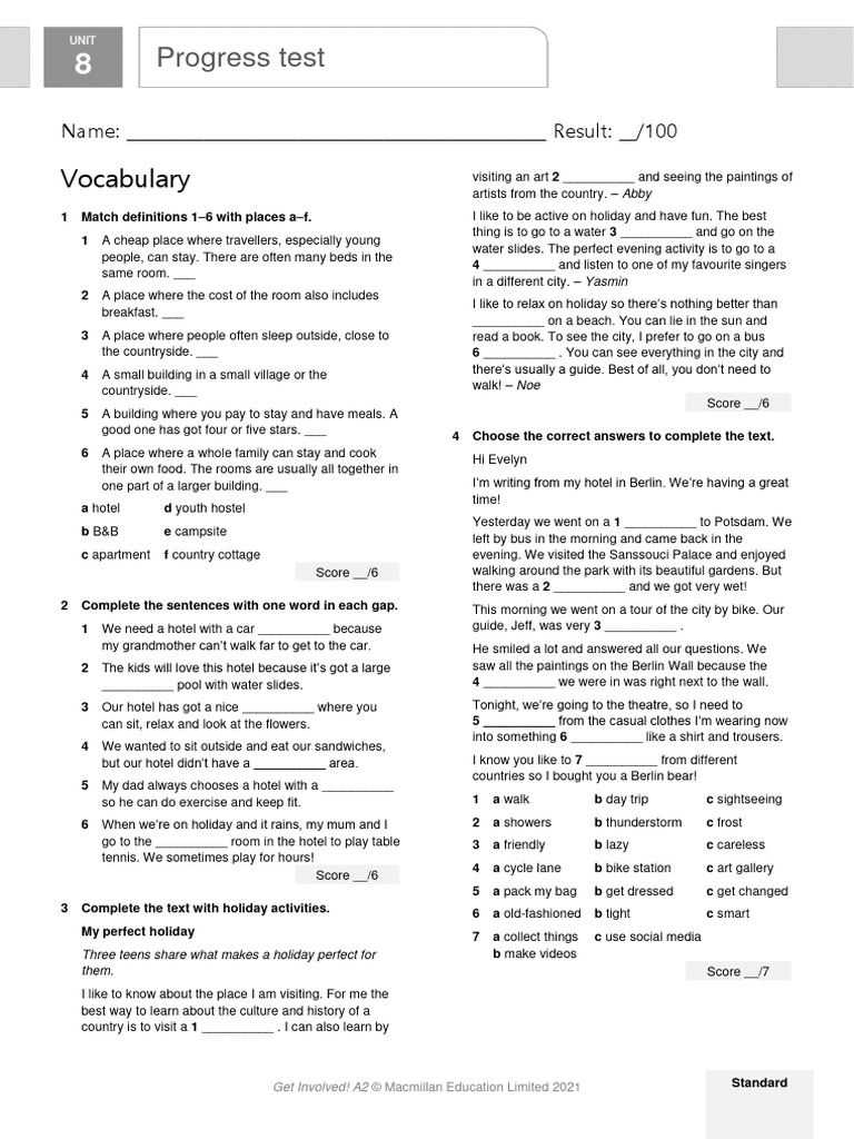 Unit 8 Progress Test for A2 Students | PDF