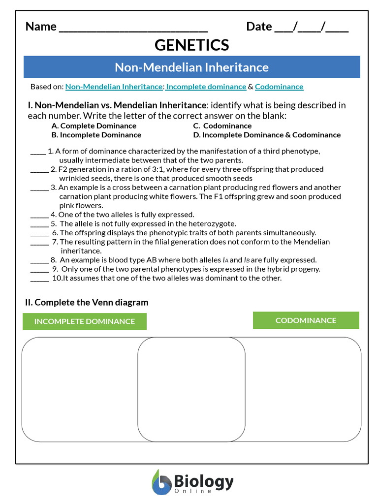 Non Mendelian Inheritance Worksheet | PDF