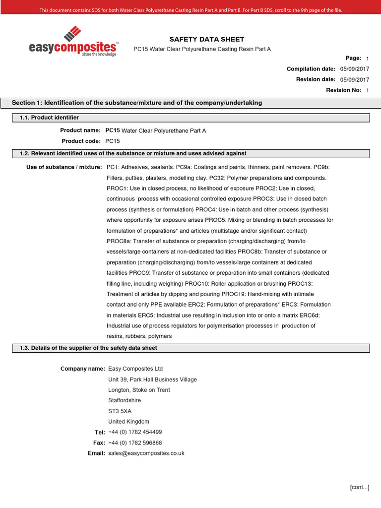 EC SDS Water Clear Polyurethane Casting Resin (Safety Data Sheet) PDF