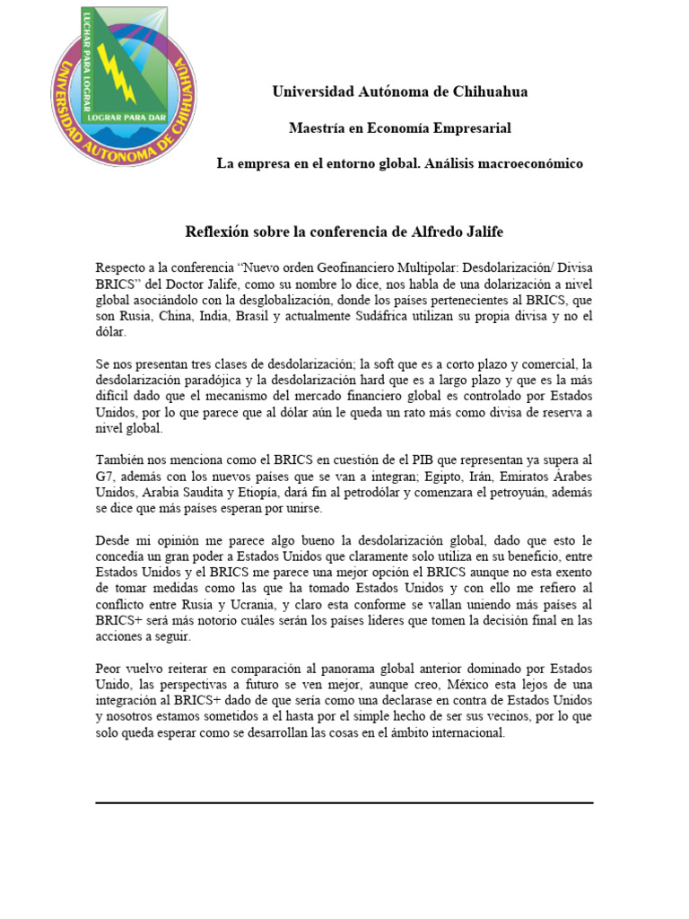 Reflexión Sobre La Conferencia de Alfredo Jalife PDF