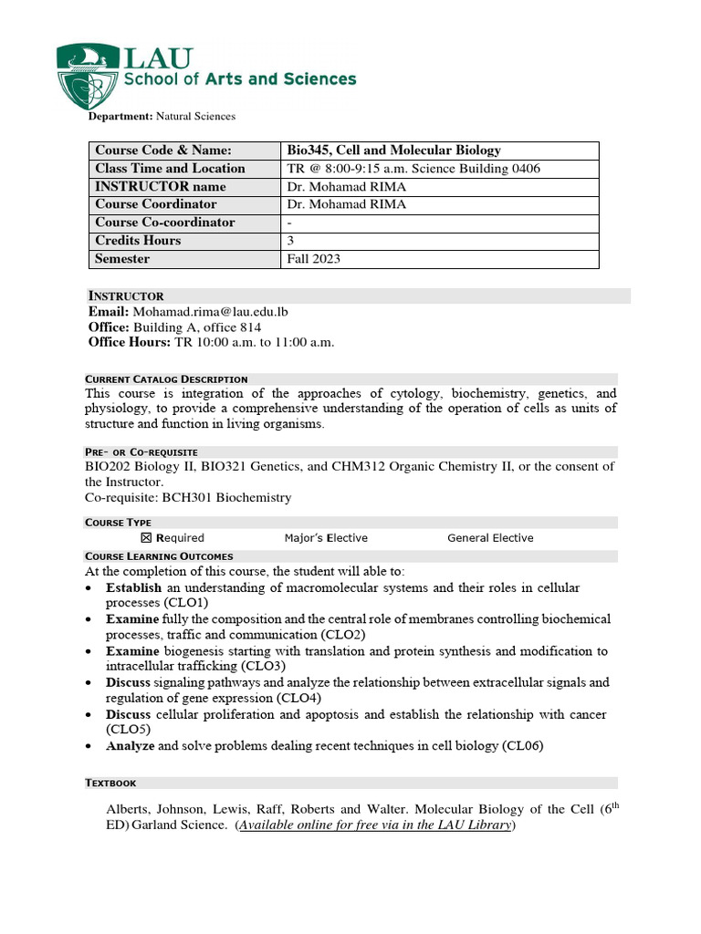 BIO345 Syllabus Fall 2023-Byblos Campus | PDF | Cell Membrane | Cell ...