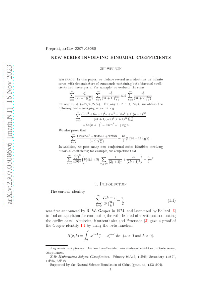 New Series Involving Binomial Coefficients PDF Abstract Algebra