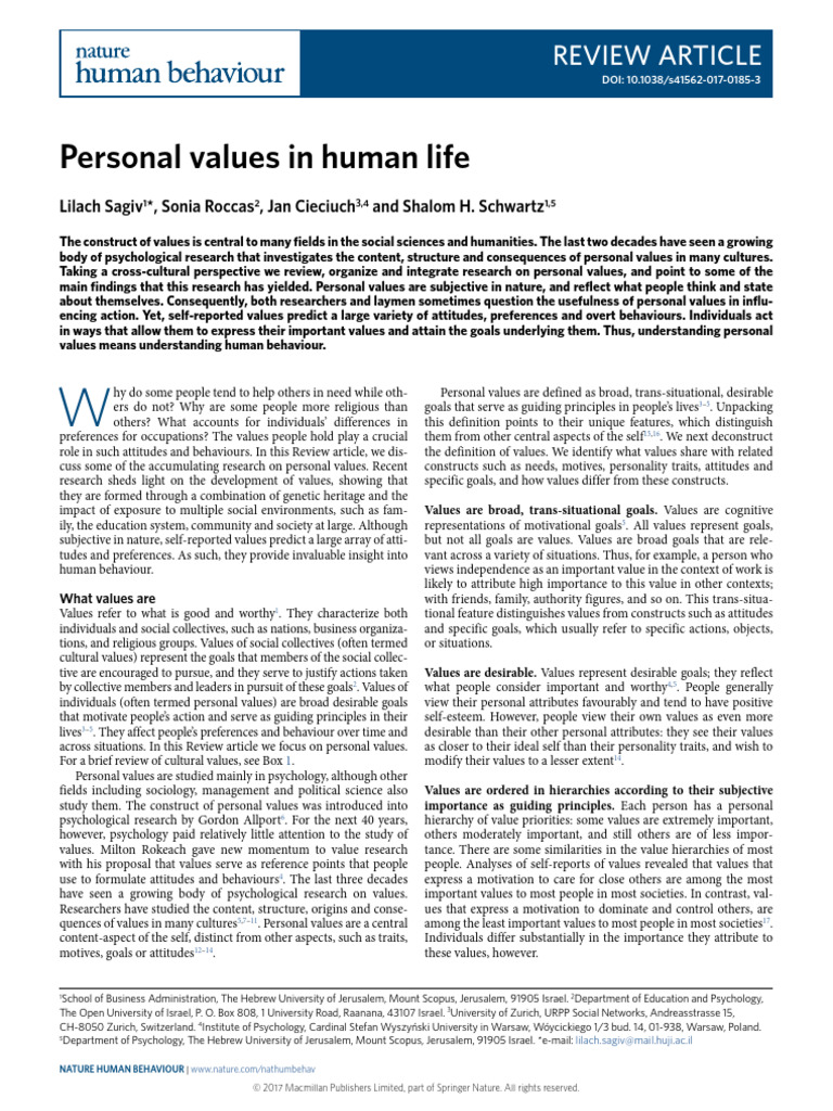 Personal Values in Human Life: Review Article | PDF | Attitude ...