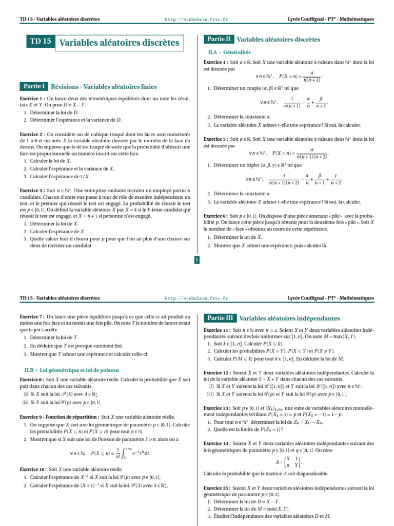 Exercices sur les variables aléatoires | PDF | Espérance mathématique ...