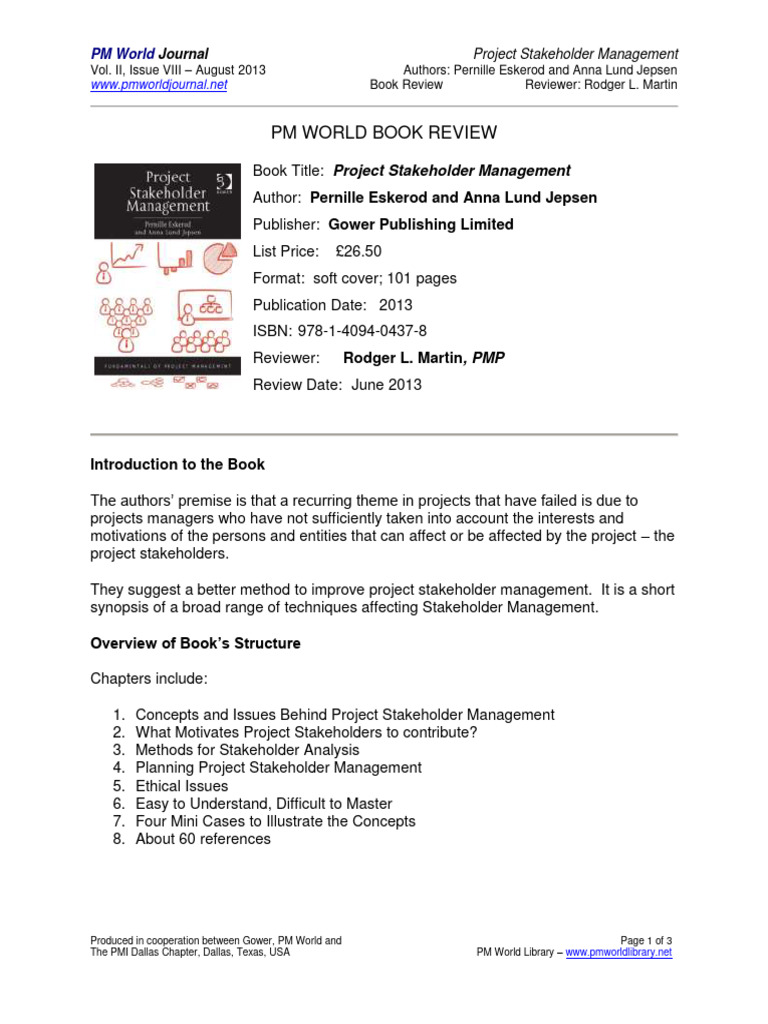 Pmwj13 Aug2013 Martin Project Stakeholder Management BookReview | PDF ...
