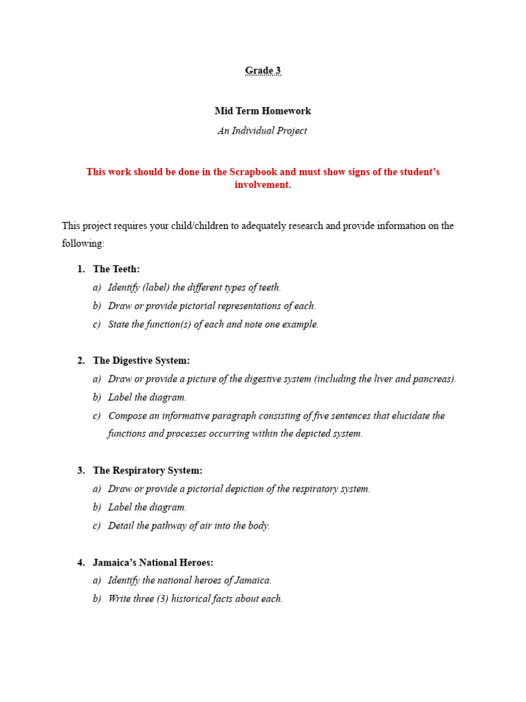 Grade 3 Mid Term Homework Project Guide | PDF | Rubric (Academic) | Tooth