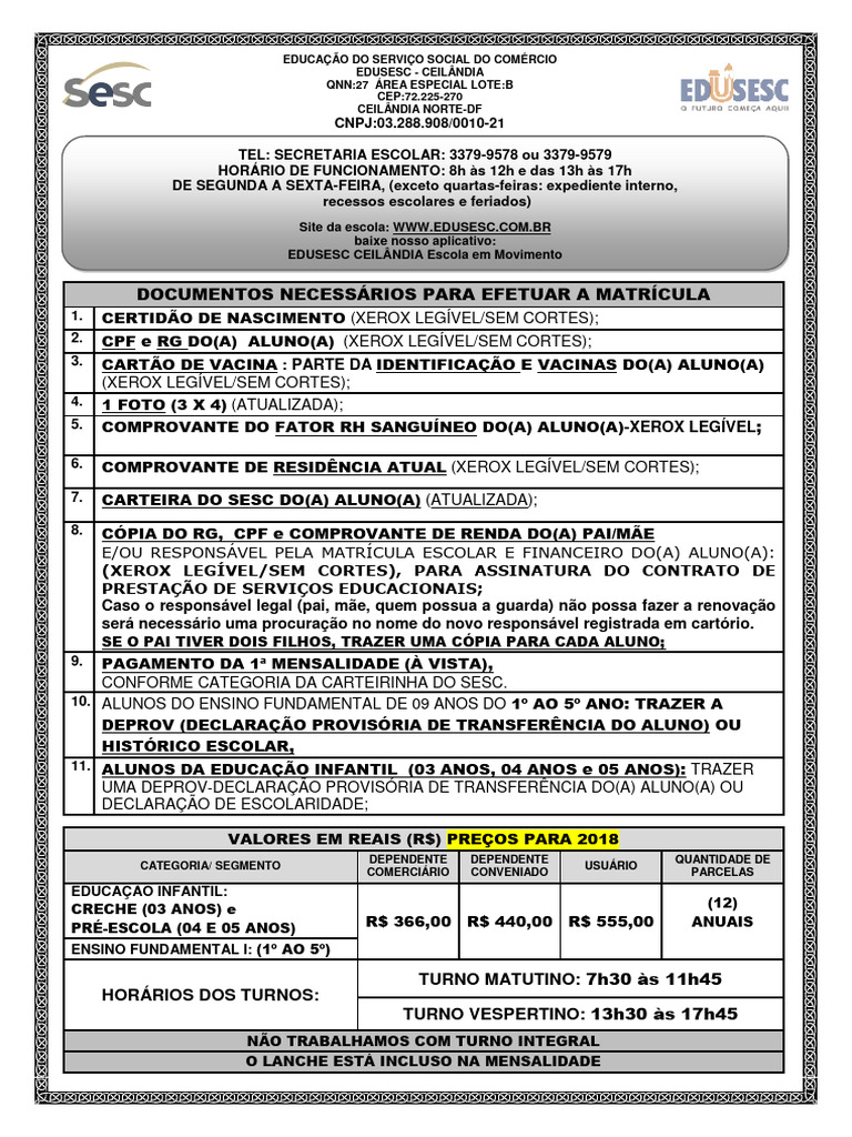 Documentos para Matrícula no SESC GO | PDF | Pré-escola | Brasil