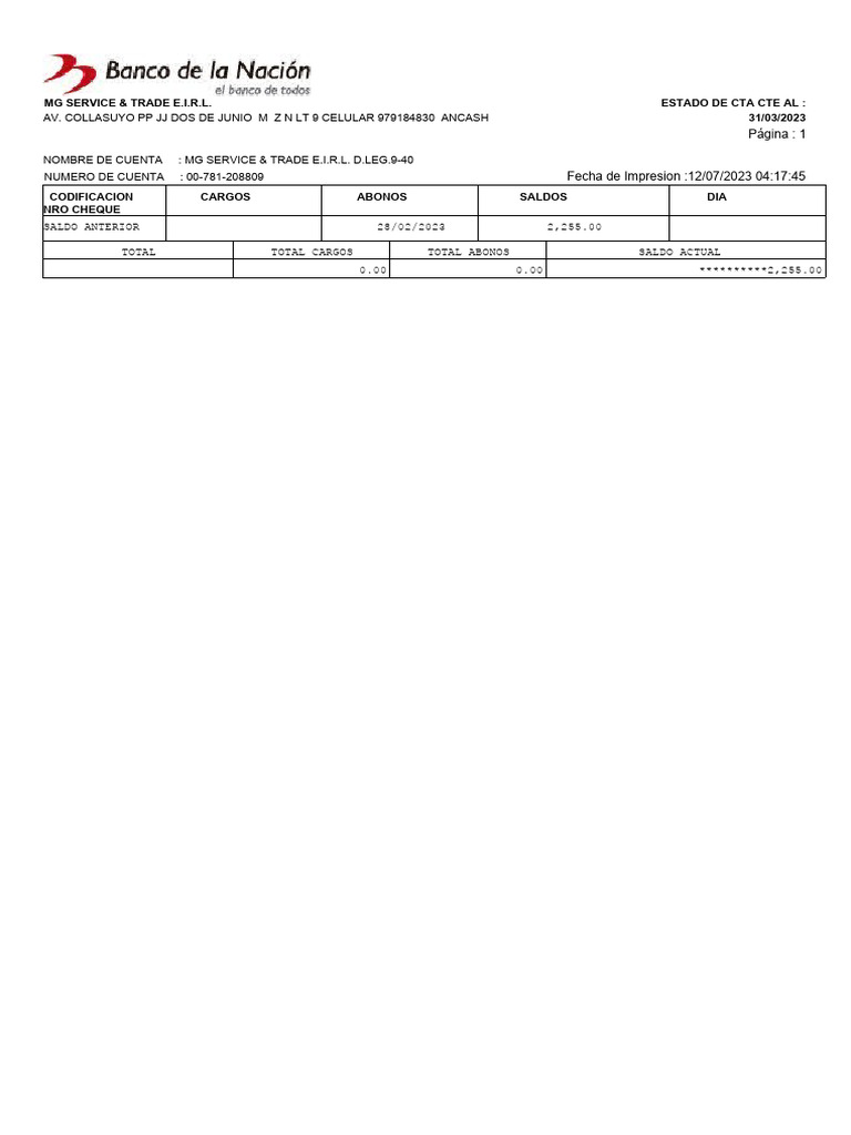 MG Service & Trade E.I.R.L. Estado de Cta Cte Al: 31/03/2023 | PDF