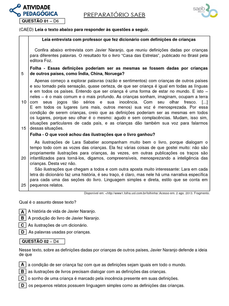 Simulados SAEB Português 9º Ano | PDF | Bem-estar