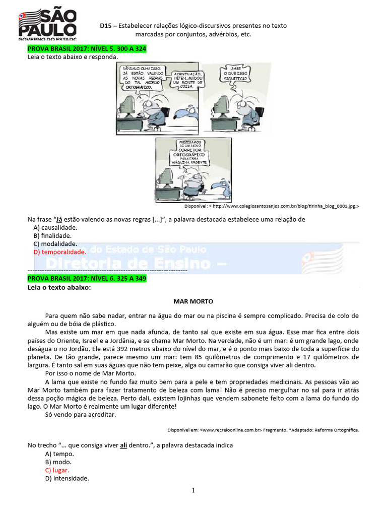 Atividades sobre o Descritor 15 de Português | PDF | Mar Morto ...