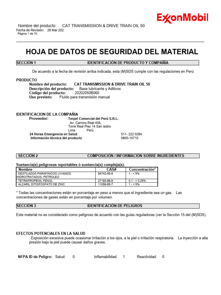 Msds Cat Transmission & Drive Train Oil 50 Actualizada PDF