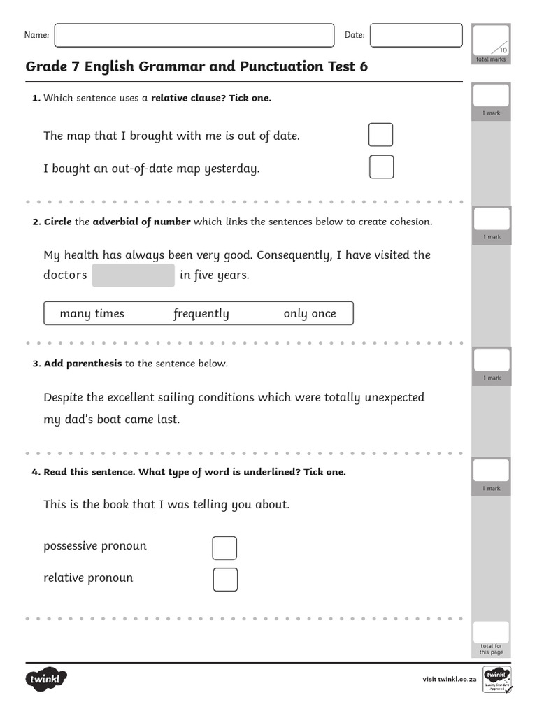 Grade 7 Grammar and Punctuation Test 6 | PDF | English Grammar ...