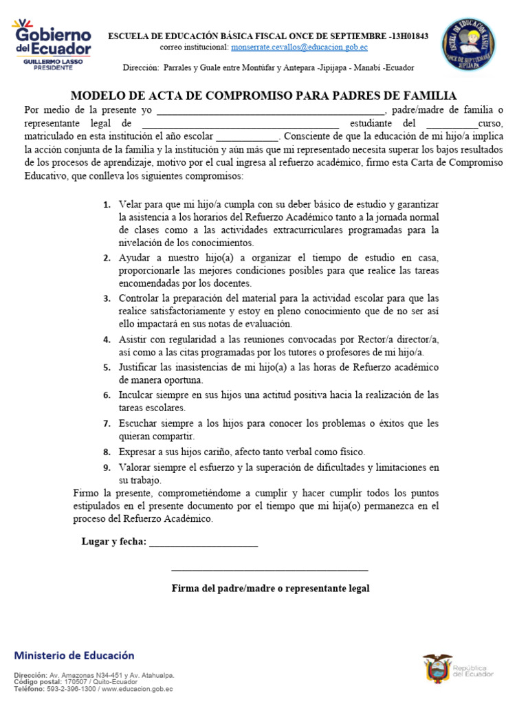 Modelo de Acta de Compromiso para Padres de Familia | PDF | Evaluación ...