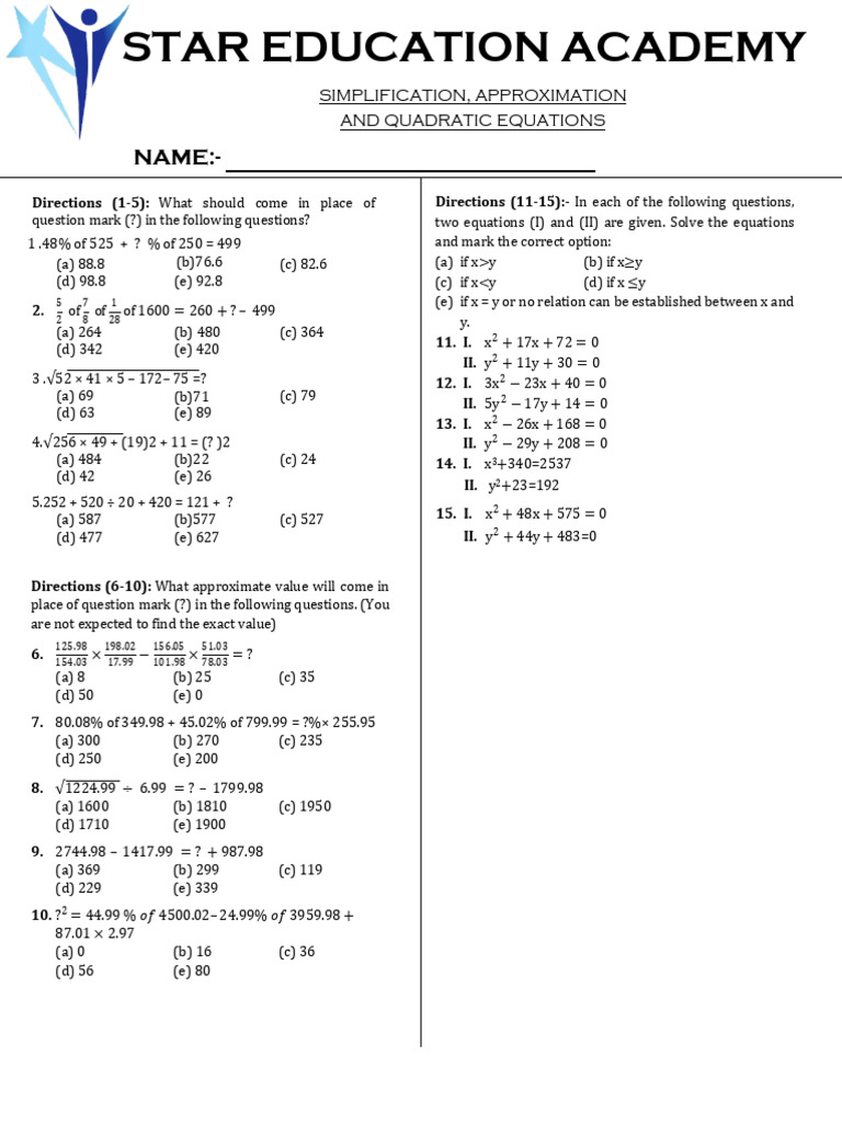 Simplification Aprox Quad Test | PDF | Equations | Mathematics