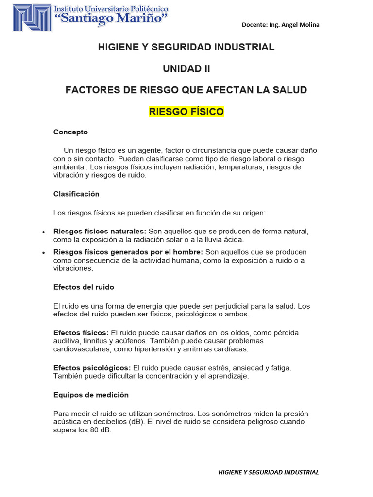 Higiene y Seguridad Industrial Unidad II | PDF | ruido | Riesgo