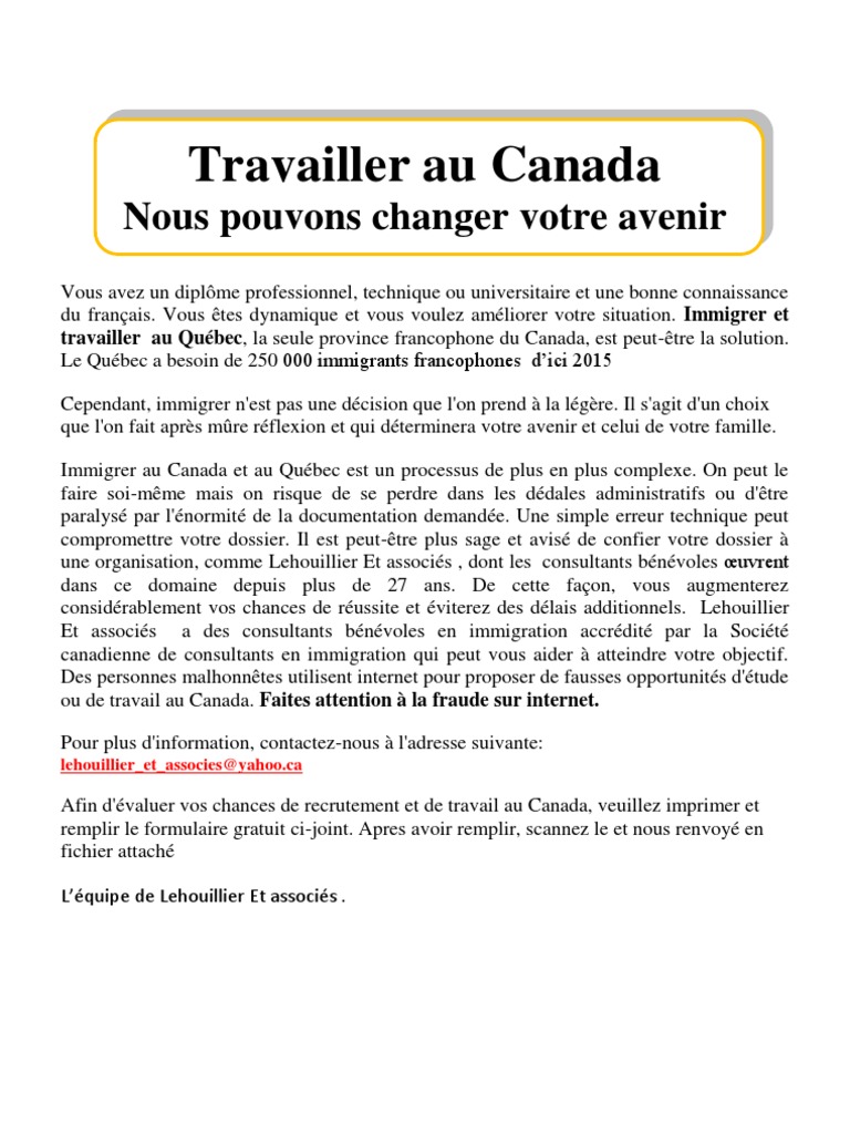Test d'Evaluation Pour Immigrer Et Travailler Au Canada  Canada