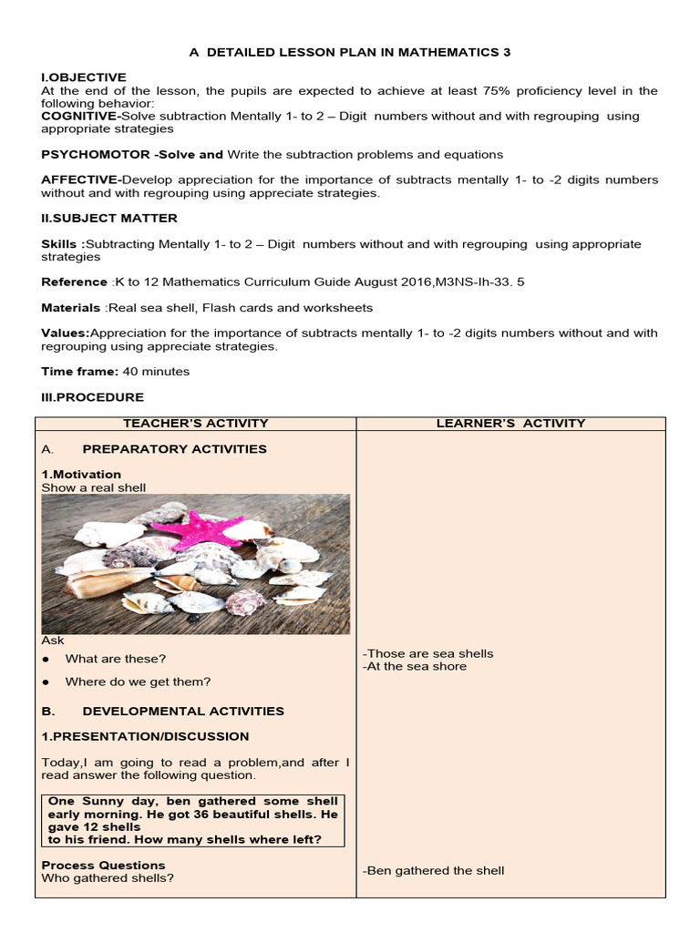 Grade 2 Subtraction Lesson Plan | PDF | Lesson Plan | Pedagogy
