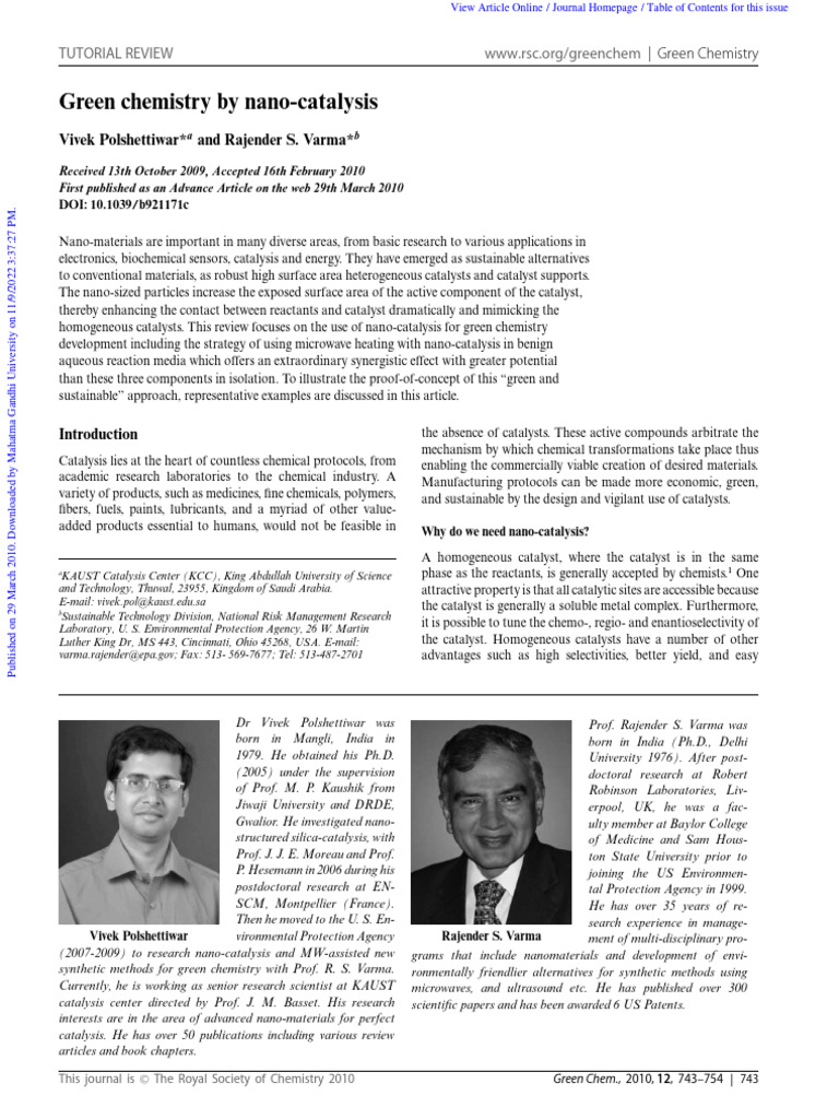 Nanomaterials Green Catalysts | PDF | Catalysis | Nanoparticle
