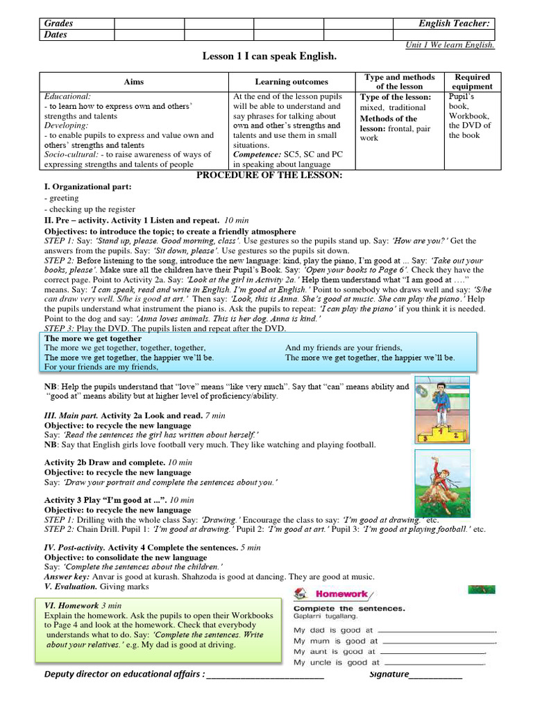 Ingliz Tili 4Sinf Konspekt 2018 PDF English Language Housekeeping