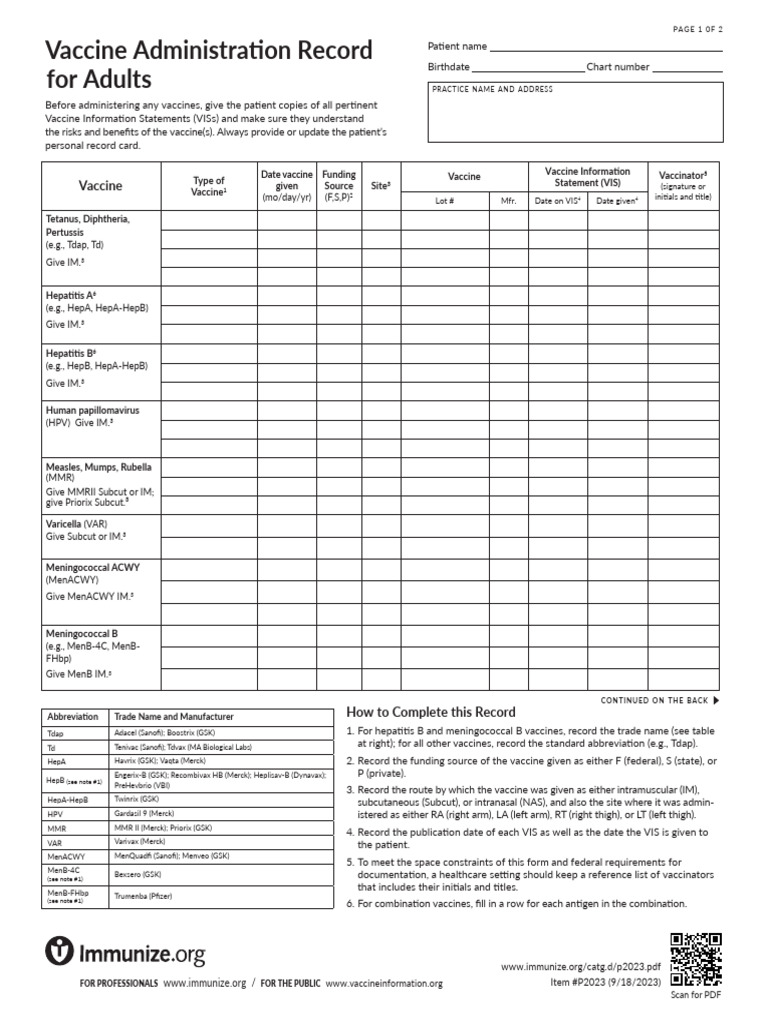 Vaccine Administration Record For Adults | PDF | Influenza Vaccine ...