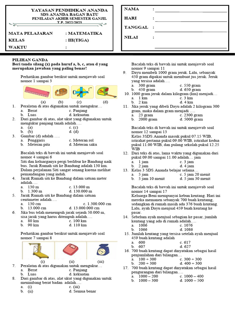Soal Pas Matematika Kelas 3 Pdf