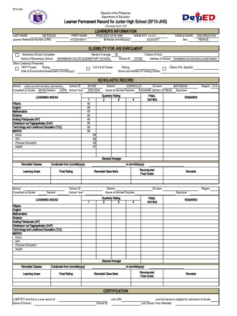 Junior High School Learner Record SF10 | PDF | Middle Schools