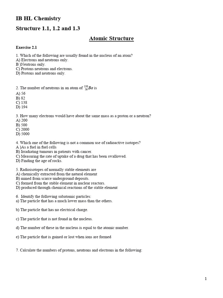 IB Chemistry Atomic Structure Exercises | PDF | Neutron | Atoms