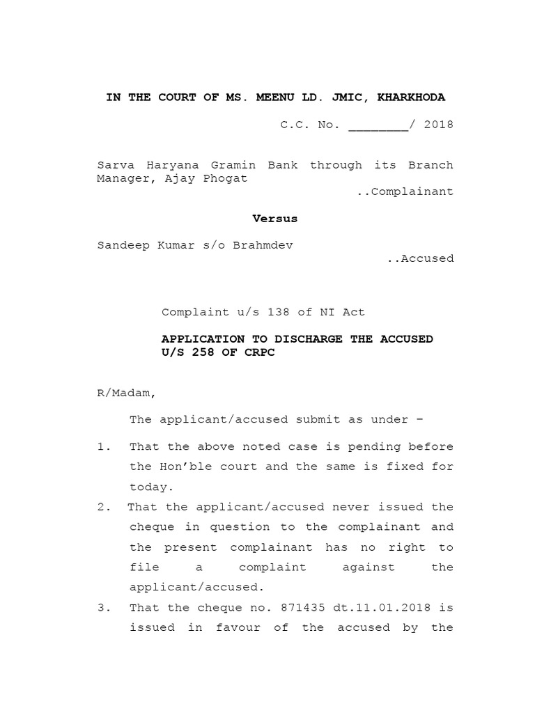 Discharge Application under CrPC 258 | PDF | Social Science | Law