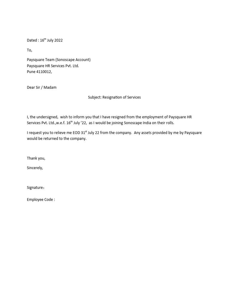 Sample Resignation Template | PDF