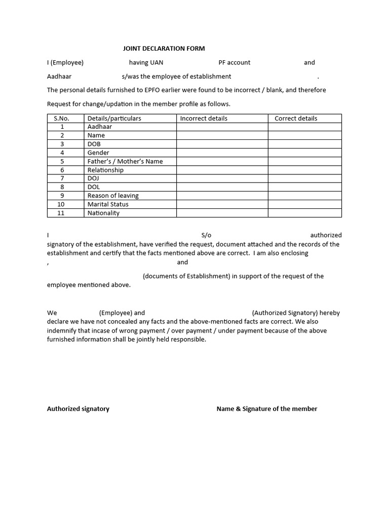 Joint Declaration Form | PDF