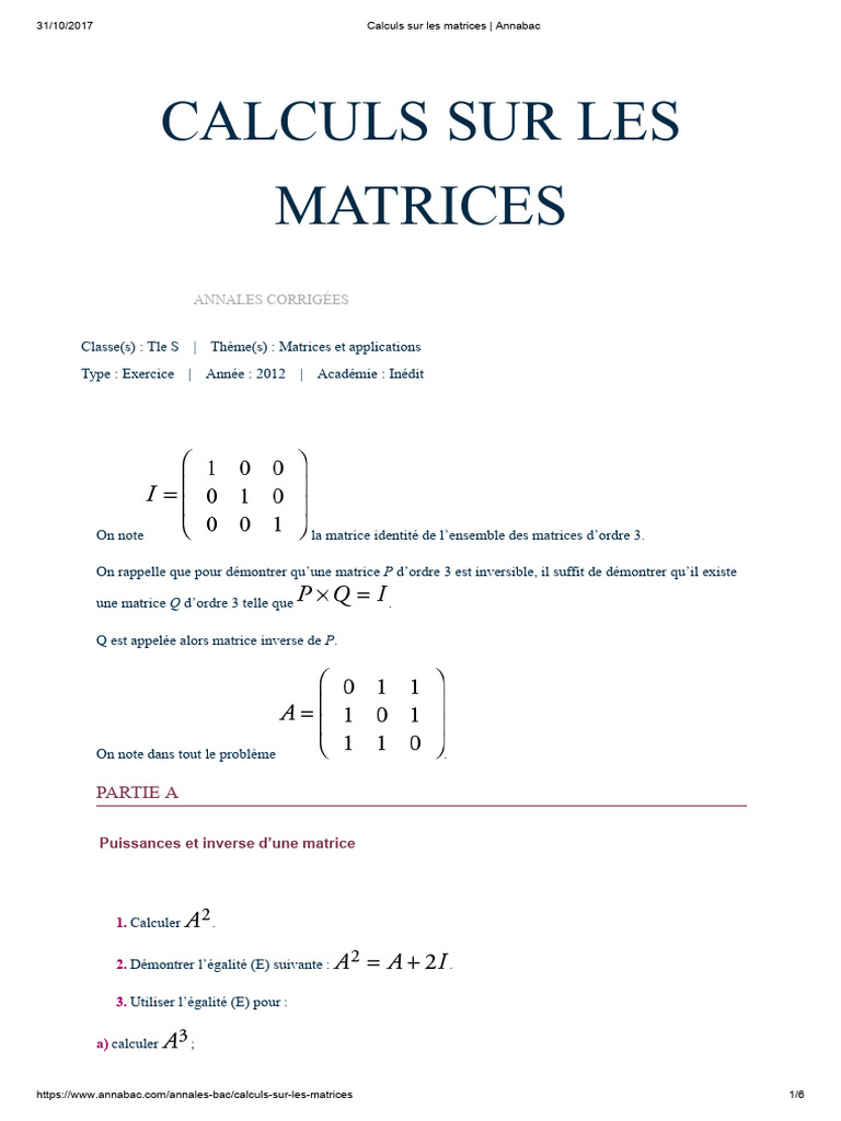 Calculs Matriciels pour le Bac S | PDF | Matrice (Mathématiques ...