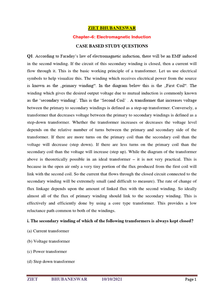 Electromagnetic Induction Case Study Questions | PDF | Electromagnetic ...