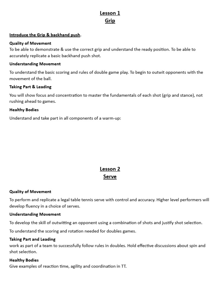 Table Tennis Learning Objectives Lesson 16 PDF Table Tennis Learning