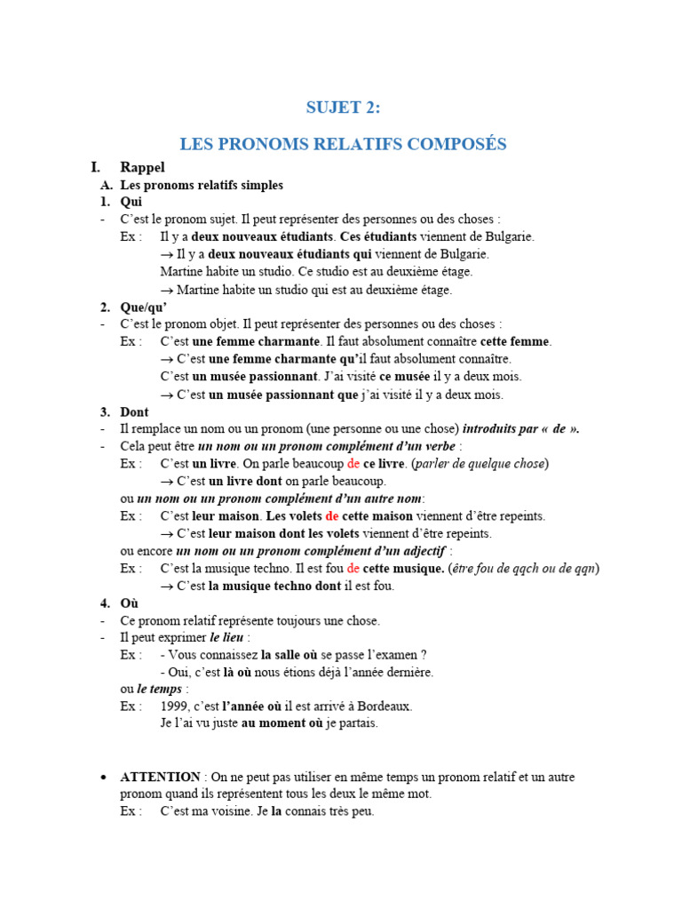 Exercices sur les pronoms relatifs composés | PDF | Pronom | Genre ...