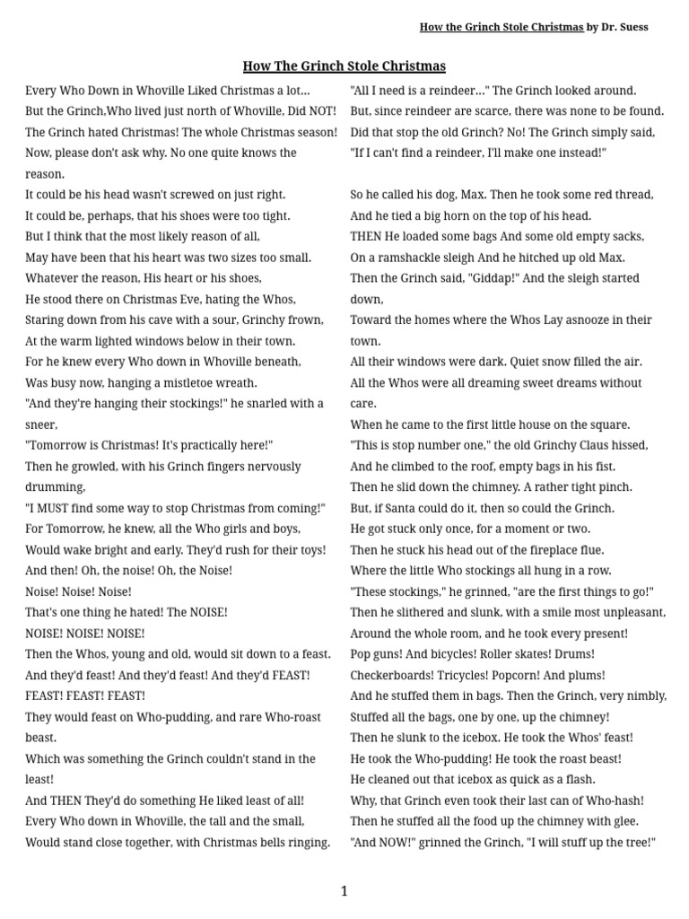 How The Grinch Stole Christmas Text PDF Christmas Dr Seuss