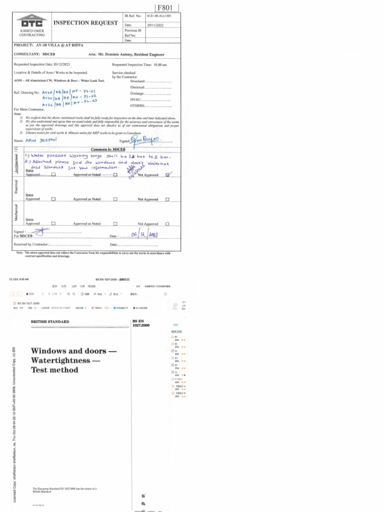 Inspection Request: AV-20 Villa | PDF | Pressure | Continuum Mechanics