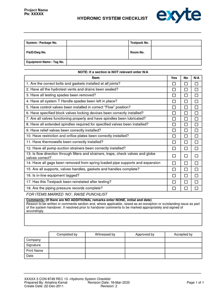 Hydronic System Inspection Checklist | PDF | Technology & Engineering