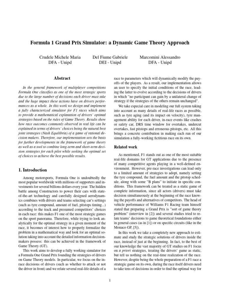 Dynamic Game Theory in F1 Simulation | PDF | Formula One | Game Theory