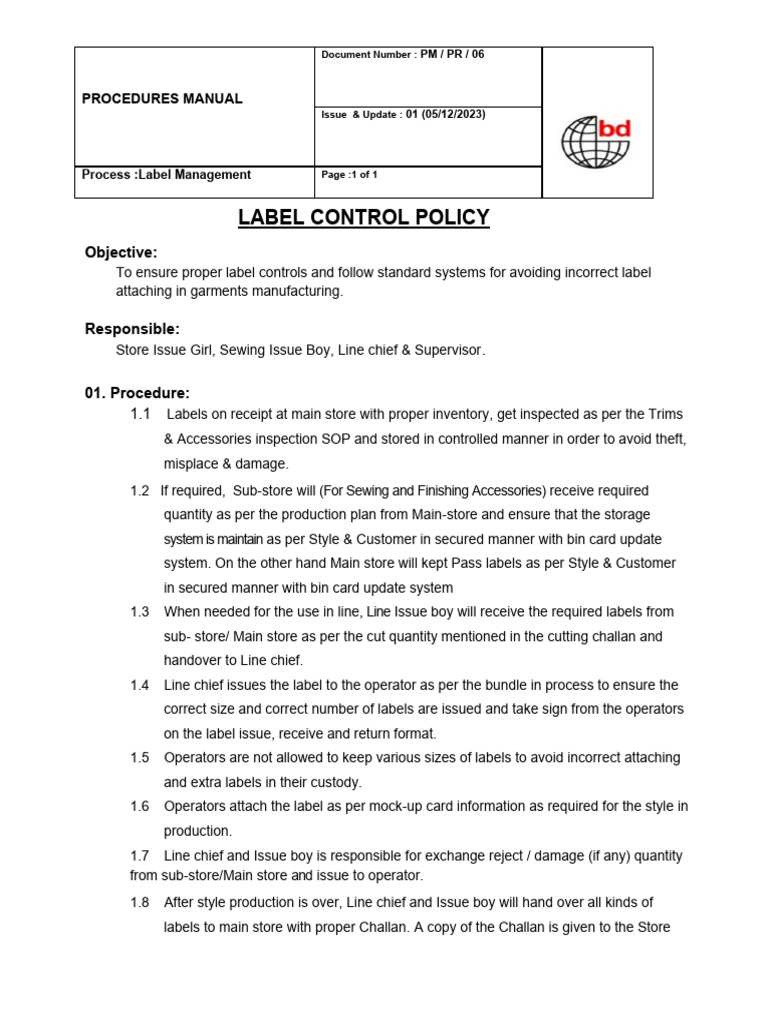 Label Control SOP | PDF | Computing