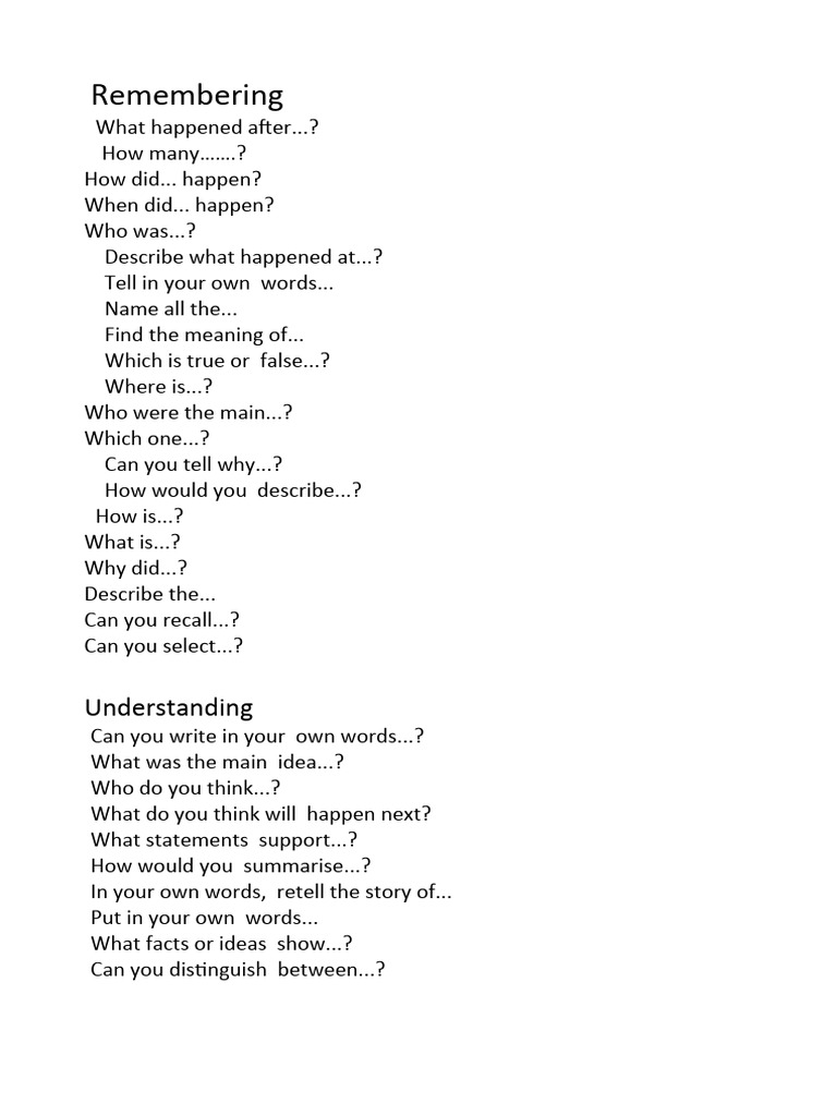 Blooms Question Starters PDF Reason Scientific Theories